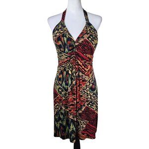 VTG‎ Y2K Muse Halter Multicolor Abstract Dress Sz 10 Stretch Babydoll Urban
